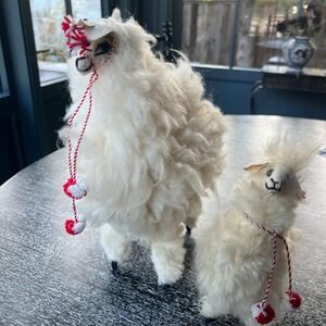 Pair Vintage Alpaca Fur Llama Figure Large and Small (Mama & Baby)
